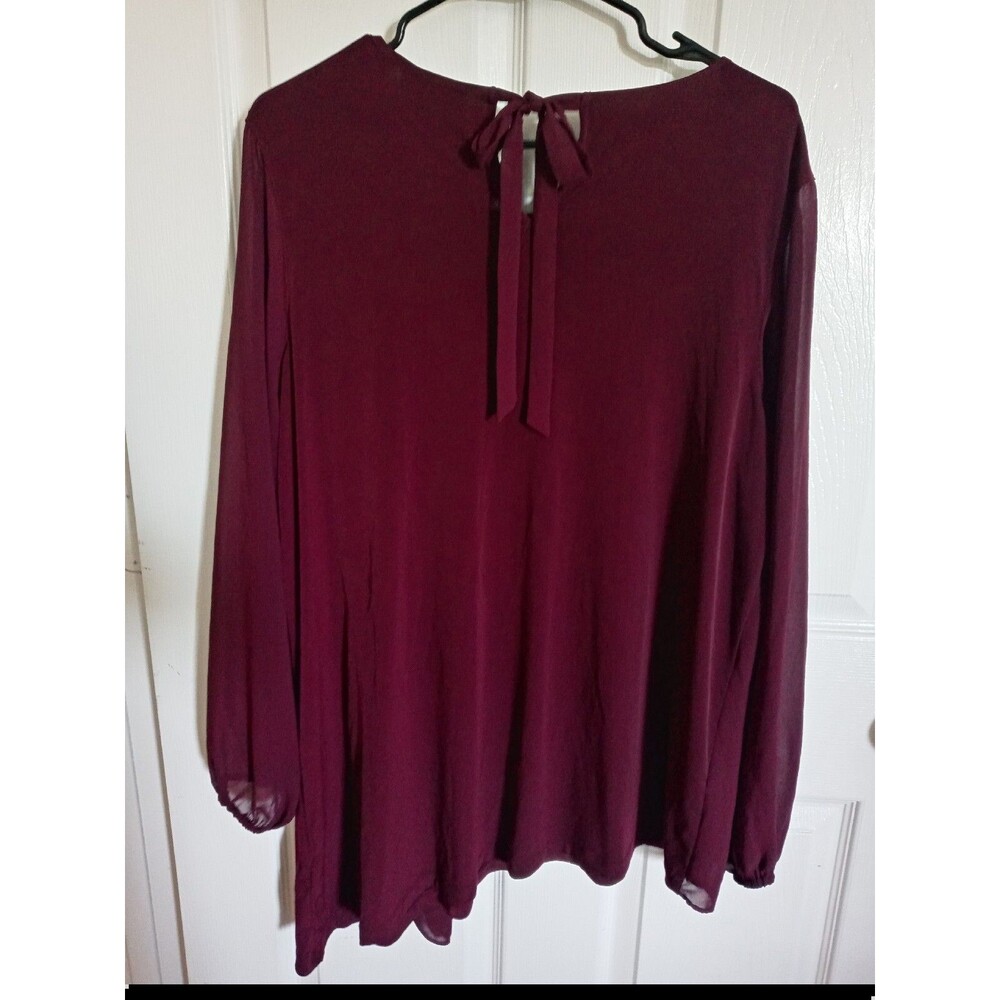 Susan Graver  Tie  Back Top with Chiffon Overlay Ruffle Sheer Long Sleeve Large